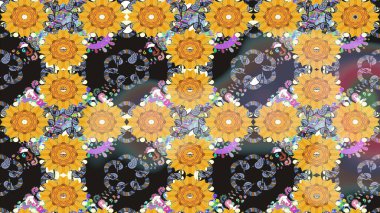 Eskiz klasiği. Renkli Bahar Teması eskiz kalıbı. Raster Şirin kumaş deseni. Düz Çiçek Elementleri Tasarımı.