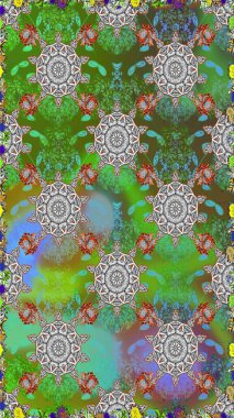 Çiçeksel elementlerle süslenmiş zarif raster dokusu. Yeşil ve gri renkte parlak çiçekli, soyut, pürüzsüz desen. Küçük çiçekte şirin bir çiçek deseni var..