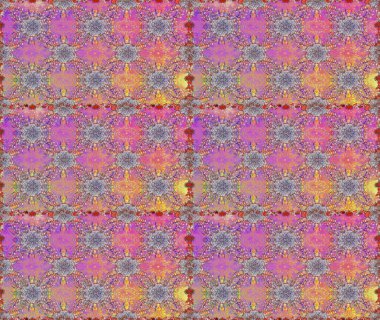 Raster deseni. Pembe ve mor renklerde bahar çiçekleri. Patlayan çiçekler soyut olarak yerleştirilmiş. Raster illüstrasyonu.