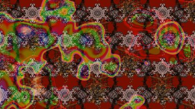 Kumaş desenli papatya çiçeği detayı. Kahverengi, kırmızı ve nötr renkte çiçekler.