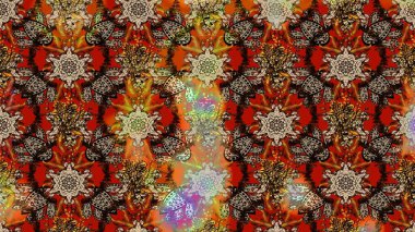 Raster illüstrasyonu. Kahverengi, bej ve kırmızı renkli şirin tekstil. Çiçek arkaplan. Çiçek duvar kâğıdı. Renkli çizim deseni.