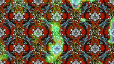 Raster deseni. Küçük çiçekteki sevimli çiçek deseni. Kahverengi, yeşil ve kırmızı renklerde. Soyut çiçek çizim kalıbı arka planı. Raster illüstrasyonu.