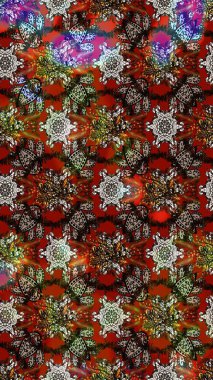 Eski usul. Kumaş, tekstil, duvar kağıdı baskısı için. Renkli desenli eskiz deseni, kahverengi, kırmızı ve gri çiçekler ve dekoratif elementler. Raster illüstrasyonu. Taslak arkaplan.