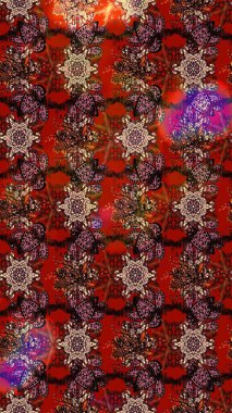 Gömlek, arka plan modelini çiz. Kahverengi, kırmızı ve siyah renkte çiçekler. Tropik çiçekler.