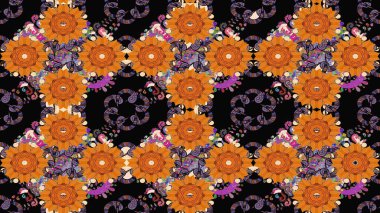 Renkli Bahar Teması eskiz kalıbı. Düz Çiçek Elementleri Tasarımı. Turuncu renkli çiçekler. Raster illüstrasyonunda çiçek deseni çizimi.