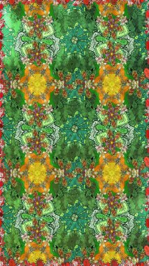 Renkli Yaz Temalı eskiz kalıbı. Yeşil renkli çiçekler. Raster Illustrasyon 'daki Çiçek Deseni' nin son moda çizimi. Düz Çiçek Elementleri Tasarımı.