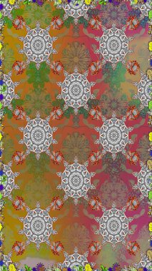 Modern çiçek arkaplanı. Halk tarzı. Moda baskıları için zarif bir şablon. Parlak renkli çiçekleri ve kahverengi ve gri yaprakları olan şaşırtıcı, pürüzsüz çiçek deseni..