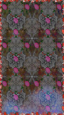 Renkli Bahar Temalı Kusursuz Arkaplan. Güzel kumaş deseni. Kusursuz çiçek deseni. Raster illüstrasyonu. Düz Çiçek Elementleri Tasarımı. Asya tekstil tarzında.