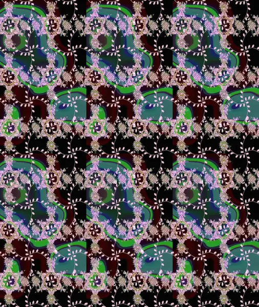 Tarafsız, siyah ve yeşil renkli, çok renkli, siyah ve yeşil zarif küçük çiçekler ve komik böcekler, siyah ve yeşil renkler, raster desen, illüstrasyon.