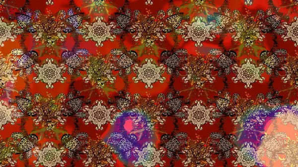 El çizimi, soyut ve süslü elementler. Yaz çiçekleri teması. Suluboya resim taklit Raster çizimi. Klasik çiçekler. Kahverengi, kırmızı ve bej renkler.