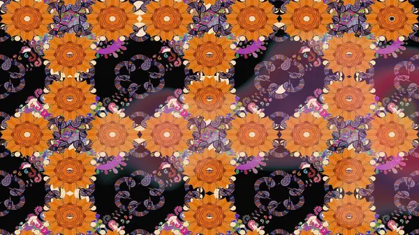 Düz Çiçek Elementleri Tasarım Raster illüstrasyonu. Turuncu renkli çiçekler. Renkli bahar temalı eskiz kalıbı. Çiçekli çiçek deseni, suluboya..