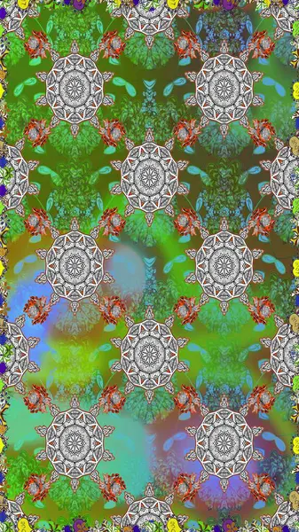 Çiçeksel elementlerle süslenmiş zarif raster dokusu. Yeşil ve gri renkte parlak çiçekli, soyut, pürüzsüz desen. Küçük çiçekte şirin bir çiçek deseni var..