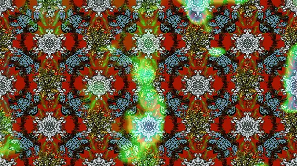 Raster deseni. Küçük çiçekteki sevimli çiçek deseni. Kahverengi, yeşil ve kırmızı renklerde. Soyut çiçek çizim kalıbı arka planı. Raster illüstrasyonu.