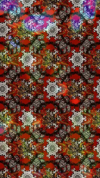 Eski usul. Kumaş, tekstil, duvar kağıdı baskısı için. Renkli desenli eskiz deseni, kahverengi, kırmızı ve gri çiçekler ve dekoratif elementler. Raster illüstrasyonu. Taslak arkaplan.