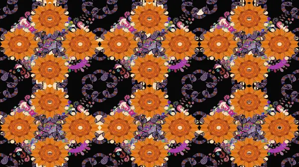 Renkli Bahar Teması eskiz kalıbı. Düz Çiçek Elementleri Tasarımı. Turuncu renkli çiçekler. Raster illüstrasyonunda çiçek deseni çizimi.