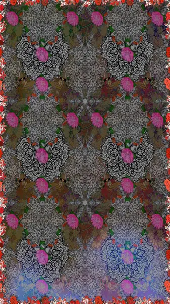 Renkli Bahar Temalı Kusursuz Arkaplan. Güzel kumaş deseni. Kusursuz çiçek deseni. Raster illüstrasyonu. Düz Çiçek Elementleri Tasarımı. Asya tekstil tarzında.