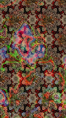 Raster çiçek desenli çiçek deseni, yapraklar, dekoratif elementler, sıçrama, lekeler, el çizimi kontur çizgileri ve Doodle çizim stili, grafik raster çizim çizimi.