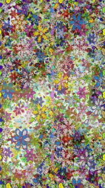 Raster illüstrasyonu. Patlayan çiçekler soyut olarak yerleştirilmiş. Tarafsız ve gri renklerde bahar çiçekleri. Raster deseni.