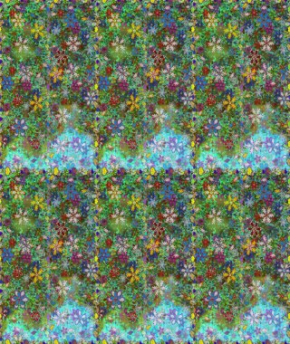 Raster suluboya çiçek deseni, narin çiçekler, yeşil ve mavi çiçekler, tebrik kartı şablonu. Raster Güzel kumaş deseni.