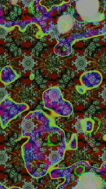 Çok yeşil, gri ve kahverengi zarif küçük çiçekler ve yeşil, gri ve kahverengi renkli komik böcekler, raster desen, illüstrasyon.