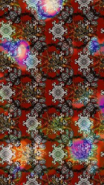 Raster illüstrasyonu. Kahverengi, gri ve kırmızı renklere karalamalar çizilmiş çiçek deseni.