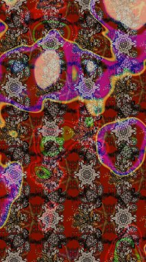 Kahverengi, kırmızı ve gri renklerde Asya tekstili. Raster illüstrasyonu. Çiçek desenini çiz.