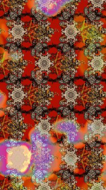 Kumaş, tekstil, duvar kağıdı baskısı için. Eski usul. Renkli desenli eskiz deseni, kahverengi, bej, kırmızı çiçekler ve dekoratif elementler. Eskiz geçmişi. Raster illüstrasyonu.