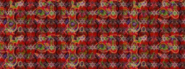 Ağaç dallı bahar çiçekleriyle desen, kırmızı, kahverengi ve siyah renkler ve çiçek silueti. Raster deseni.