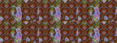 Raster deseni. Raster illüstrasyonu. Patlayan çiçekler soyut olarak yerleştirilmiş. Yumuşak, bahar çiçekleri kahverengi, yeşil ve kırmızı renklerde.