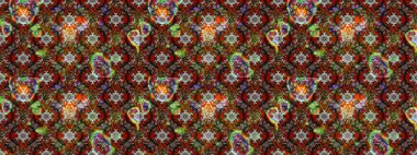 Kumaş, tekstil, duvar kağıdı baskısı için. Eskiz geçmişi. Eski usul. Renkli desenli eskiz deseni, kahverengi, gri ve kırmızı çiçekler ve dekoratif elementler. Raster illüstrasyonu.