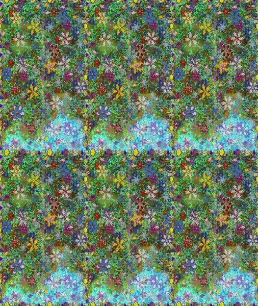 Raster suluboya çiçek deseni, narin çiçekler, yeşil ve mavi çiçekler, tebrik kartı şablonu. Raster Güzel kumaş deseni.