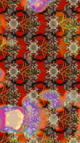 Kumaş, tekstil, duvar kağıdı baskısı için. Eski usul. Renkli desenli eskiz deseni, kahverengi, bej, kırmızı çiçekler ve dekoratif elementler. Eskiz geçmişi. Raster illüstrasyonu.