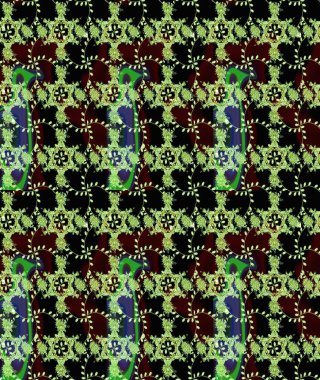 Şirin çiçekli eskiz deseni ve siyah, yeşil ve kahverengi renkli yapraklar, suluboya çiçek deseni, duvar kağıdı, kart veya kumaş için fayanslı. Raster illüstrasyonu.