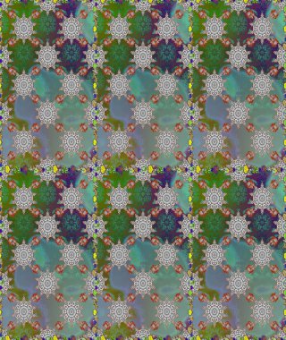 Kusursuz bir arka plan modeli. Çiçekler yeşile ve griye. Raster hisseleri. Suluboya, elle çizilmiş.