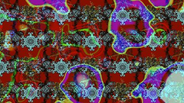 Raster illüstrasyonu. El çizimi çiçekli soyut çizim kalıbı. Kırmızı, mavi ve kahverengi renkte çiçekler.