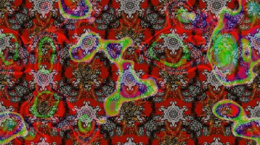 Parlak renkli çiçekleri ve kırmızı, kahverengi ve gri renkte yaprakları olan harika bir çiçek deseni. Halk tarzı. Moda baskıları için zarif bir şablon. Modern çiçek arkaplanı.