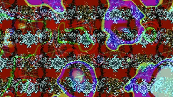 Raster illüstrasyonu. El çizimi çiçekli soyut çizim kalıbı. Kırmızı, mavi ve kahverengi renkte çiçekler.