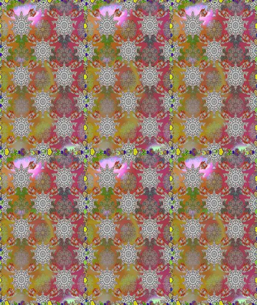 Gri ve kahverengi renkli Asya tekstili. Çiçeklerle suluboya desenli çiçek deseni. Raster illüstrasyonu.