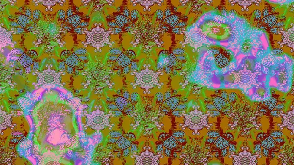 El çizimi çiçek çizimi deseni (fayans). Tekstil için suluboya eskiz deseni. Şirin çiçekleri, desenleri, yeşil, kahverengi ve mavi renkleri olan renkli çizim deseni.