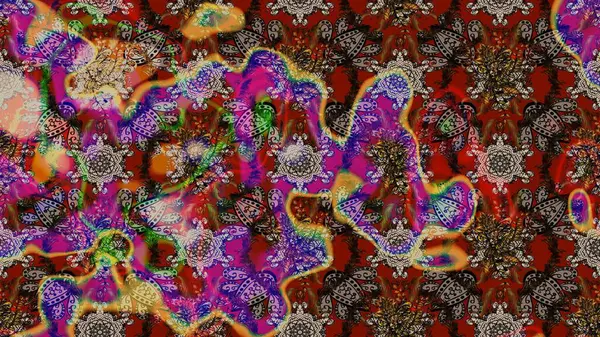 Yatak çarşafları, ceket, paket tasarımı, kumaş ve moda kavramları için tekstil baskısı. Eskiz modeli etnik tasarım. Çiçekleri, deniz kabukları, mandalaları ve suluboya efektleri olan deniz altyapısı.