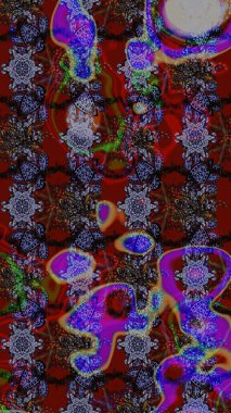 Raster - stok. Yapraklı çiçekler ve kahverengi, kırmızı ve gri renkte papatya çiçekleri. Taslak arkaplan deseni.