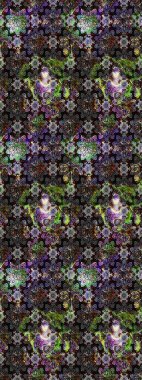 Millefleur 'lar. Tekstil, kumaş, kapaklar, duvar kağıtları, baskı, naylon, koleksiyon defteri, örgü, dekupaj için güzel bir eskiz. Küçük gri çiçekli oldukça eski bir besin torbası deseni..