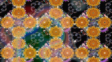 Raster illüstrasyonu. Suluboya çiçekli çiçek deseni. Turuncu renkli Asya tekstili.