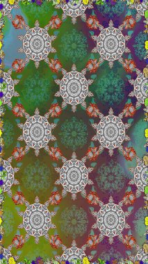 Raster illüstrasyonu. Küçük çiçekli kusursuz yay deseni. Suluboya tarzında yeşil renkler üzerine.