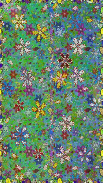 Raster hisseleri. Kusursuz bir arka plan modeli. Çiçekler yeşil ve maviye. Suluboya, elle çizilmiş.