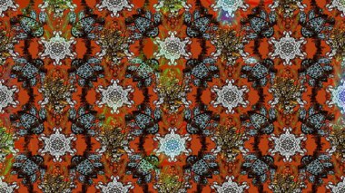 Kahverengi, gri ve turuncu renkli bitkilerden oluşan parlak çiçekli çizim deseni.