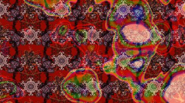 Raster illüstrasyonu. Kahverengi, kırmızı ve pembe renklere karalamalar çizilmiş çiçek deseni.