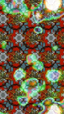 Raster illüstrasyonu. Yeşil, kahverengi ve kırmızı renkte çiçekler. El çizimi çiçekli soyut çizim deseni.