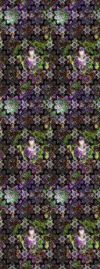 Millefleur 'lar. Tekstil, kumaş, kapaklar, duvar kağıtları, baskı, naylon, koleksiyon defteri, örgü, dekupaj için güzel bir eskiz. Küçük gri çiçekli oldukça eski bir besin torbası deseni..