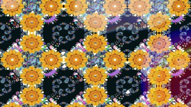 Sarı renkli bitkilerden oluşan parlak çiçekli çizim deseni.